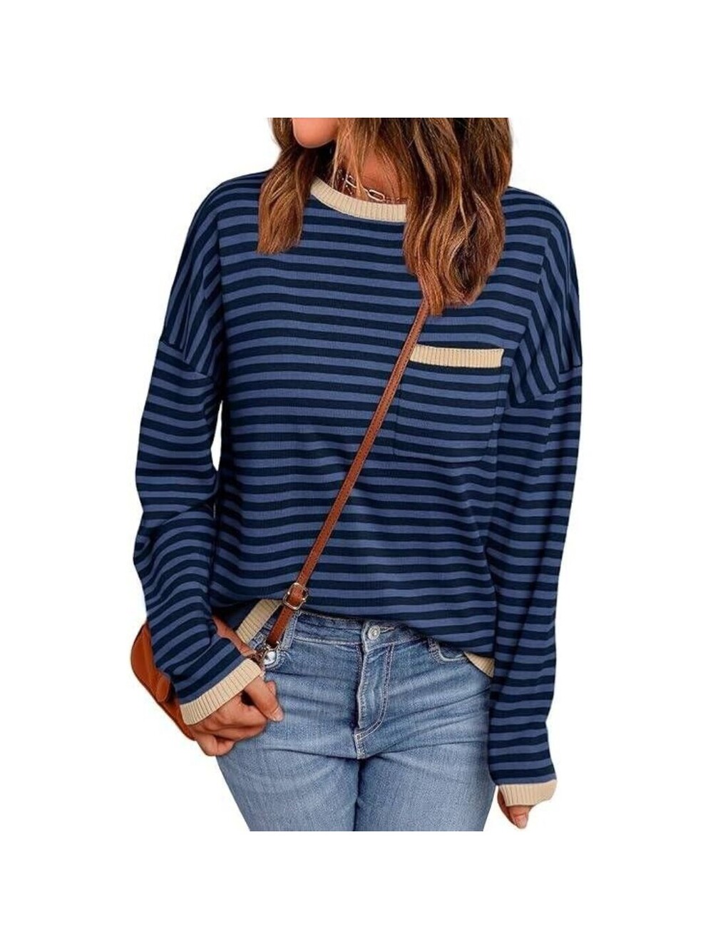 LILLUSORY Sweater Womens S Blue Navy Stripe Long Sleeve Crew Neck Pocket Trim